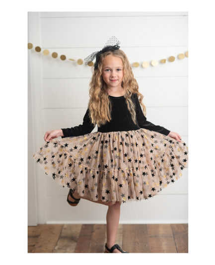 Kids Black & Gold Star Velvet Sparkle Tulle Dress