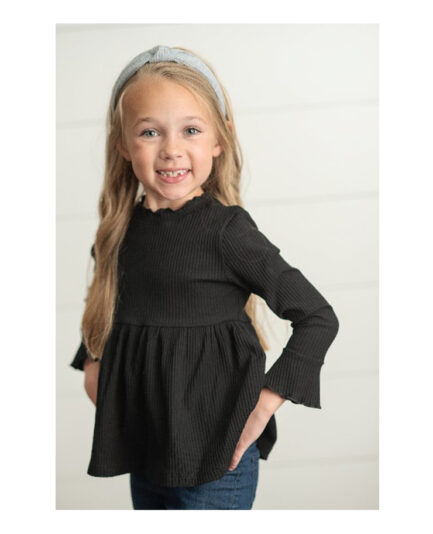 Kids Black Long Sleeve Lettuce Trim Ribbed Shirt