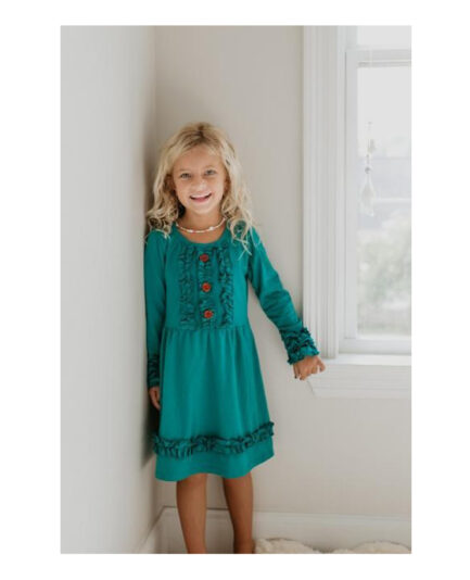 Kids Long Sleeve Dark Teal Ruffle Button Dress