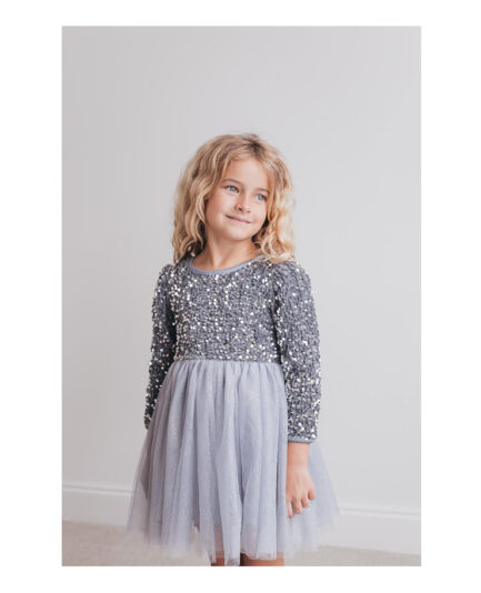 Kids Sequin Silver Fancy Party Tulle Dress